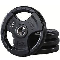 Thumbnail for A set of tri grip GYM MASTER weight plates of various weights