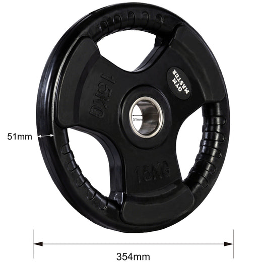 A set of tri grip GYM MASTER weight plates of various weights