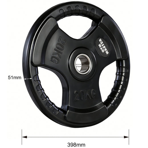 A set of tri grip GYM MASTER weight plates of various weights