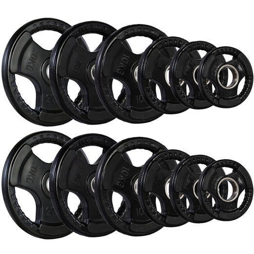 A set of tri grip GYM MASTER weight plates of various weights