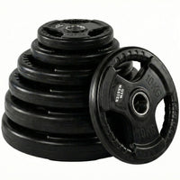 Thumbnail for A set of tri grip GYM MASTER weight plates of various weights