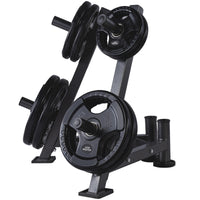 Thumbnail for A set of tri grip GYM MASTER weight plates of various weights, mounted on a weight holder