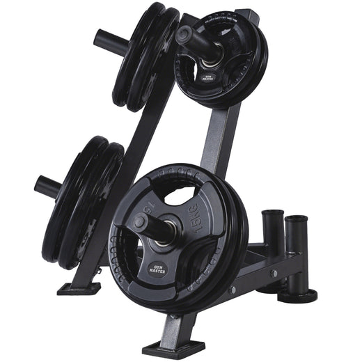 A set of tri grip GYM MASTER weight plates of various weights, mounted on a weight holder