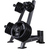 Thumbnail for A set of tri grip GYM MASTER weight plates of various weights, mounted on a weight holder