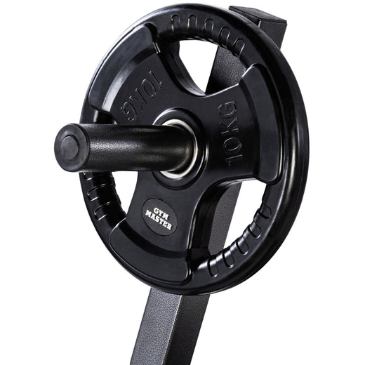 A set of tri grip GYM MASTER weight plates of various weights, mounted on a weight holder