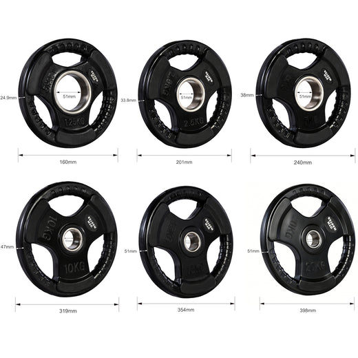A set of tri grip GYM MASTER weight plates of various weights