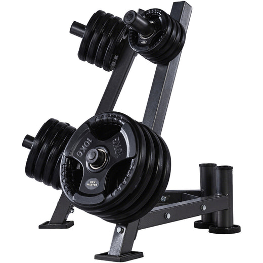 A set of tri grip GYM MASTER weight plates of various weights, mounted on a weight holder