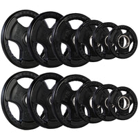 Thumbnail for A set of tri grip GYM MASTER weight plates of various weights