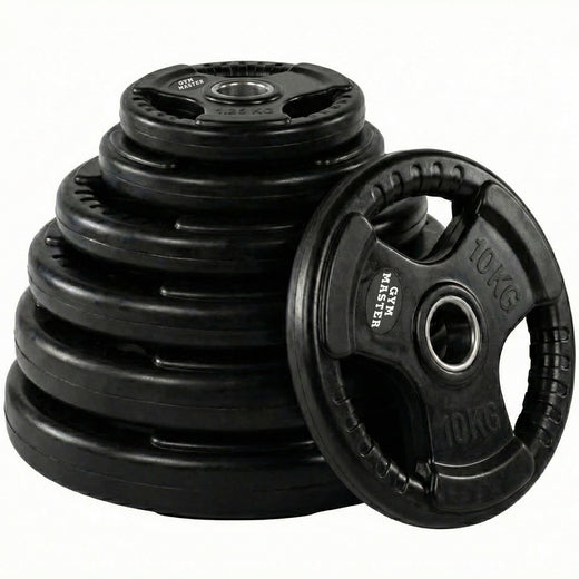 A set of tri grip GYM MASTER weight plates of various weights
