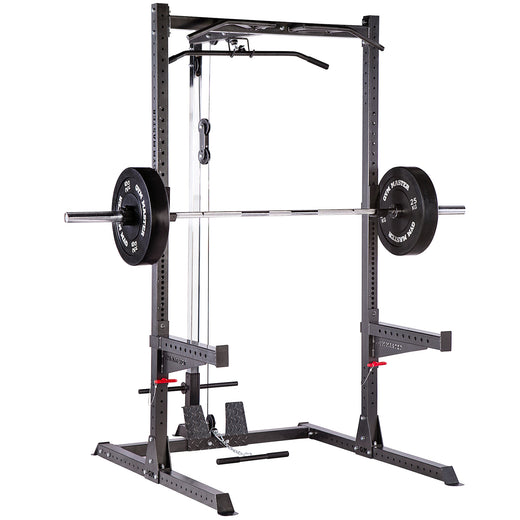  A GYM MASTER weight lifting half rack with additional cable attachment module, presented on a white background