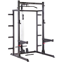 Thumbnail for  A GYM MASTER weight lifting half rack with additional cable attachment module, presented on a white background