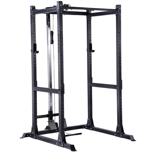 A black weight lifting rack, showcasing the additional modules