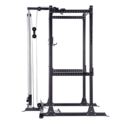 A black weight lifting rack, showcasing the additional modules
