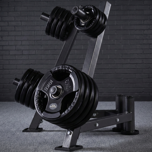 A GYM MASTER weight plate holder, with bar bell slots, on a lifestyle background