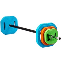 Thumbnail for An adjustable barbell with brightly coloured weights 
