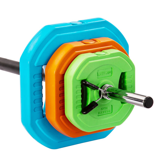 An adjustable barbell with brightly coloured weights 