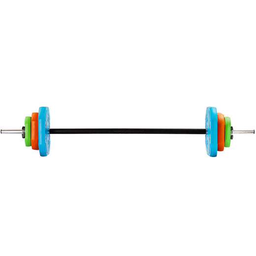 An adjustable barbell with brightly coloured weights 