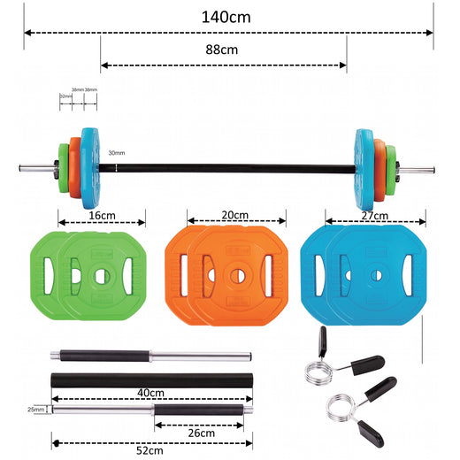 A technical drawing of an adjustable barbell, showcasing the dimensions