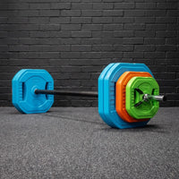 Thumbnail for An adjustable weight barbell, with brightly coloured weights.