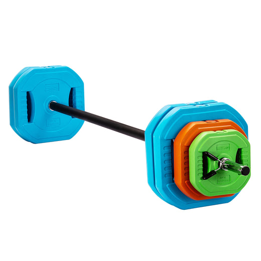 An adjustable barbell with brightly coloured weights 