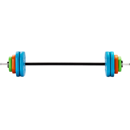 An adjustable barbell with brightly coloured weights 