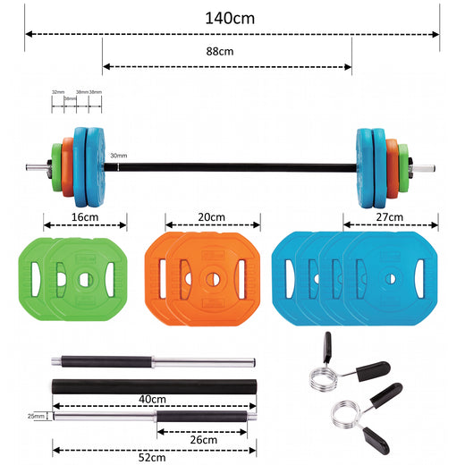 A technical drawing of an adjustable barbell, showcasing the dimensions