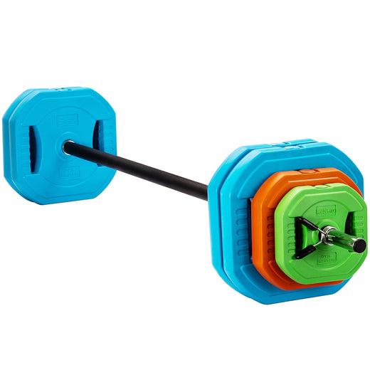 An adjustable barbell with brightly coloured weights 