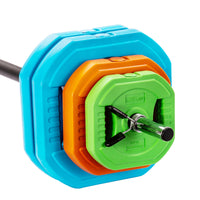 Thumbnail for An adjustable barbell with brightly coloured weights 